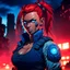 Placeholder: female bodyguard mixed ethnicity solid blue glowing demonic eyes, red hair in a ponytail hairstyle, fit and muscular, post-apocalyptic background, anime style