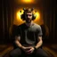 Placeholder: a guy king wearing headphones sitting on a throne in hell