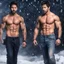 Placeholder: Hyper realistic shirtless muscular shahid kapoor & Mark Wahlberg at snowfall night