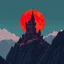 Placeholder: 8 bit pixelart a towering castle perched atop windswept cliffs, its jagged stone figure bathed in the cinematic crimson glow of a giant, imposing red harvest moon.