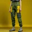 Placeholder: Women model catwalk wearing cargo jeans with patch with twill armor jellow and green