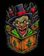 Placeholder: Scary Jack in the box tattoo design, traditional tattoo style, t-shirt design, fantasy art, digital painting, clean dark background, 8K