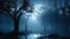 Placeholder: Un bosque antiguo durante una noche de luna llena, con enormes árboles retorcidos elevándose sobre un terreno cubierto de niebla. Entre los troncos aparece un pequeño estanque negro que refleja la luna y una solitaria construcción de piedra apenas iluminada en la distancia. Paisaje nocturno atmosférico, realismo pictórico, siluetas arbóreas muy definidas, contrastes entre oscuridad profunda y luz lunar, azules, grises y negros, reflejos húmedos, niebla delicada, composición silenciosa y misterio