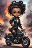 Placeholder: Create a urban art illustration of a chibi cartoon full figure black female riding a sports motorcycle. She is wearing tie dye and black tights with biker boots. Prominent make up with log lashes and hazel eyes. Extremely highly detailed black shiny wavy hair up in a messy bun. Background of smoke surrounding her and the bike and she's at a bike show.