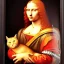 Placeholder: leonardo da vinci portrait of donald trump as a king, beautiful, curly orange hair, high definition, realistic. Colors white, blue and red. Black background. holding a white cat.