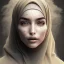 Placeholder: close up portrait of woman in hijab morphing into duststorm, blowing dust, artwork manipulation, ray tracing, sharp focus, fine detail, highly intricate, wearing bridal veil, modern surrealism painting, defined cracks and breaks, high-quality, volumetric lighting, 8k, ultrahd, George Grie, Marco Escobedo, Igor Morski,Brian Froud, Howard Lyon, Selina French,