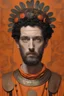 Placeholder: 33 years old VERY beautiful Marcus Aurelius as a Roman Legionary, paludamentum, big eyes to camera, orange decorative background, Gail Potocki, Erik Madigan Heck, James C. Christensen and Gustav Klimt style