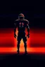 Placeholder: Silhouette of a football linebacker, the background on the left is red at the top and fading to black at the bottom, the background on the right is orange at the top and fading to dark navy blue at the bottom, background also has stadium lighting and the receding yard lines of a football field