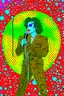 Placeholder: colorful Illustration of a michael jackson microphone in hand and looking at the camera. Polka dots in the background. by munch