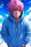 Placeholder: An androgynous young man with tousled pink hair and golden eyes floating among the stars wearing a light blue hoodie and black board shorts. He is smiling softly and holding a star in one hand.