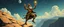 Placeholder: the fool from major arcana tarot,dancing joyfully on the edge of a cliff, close up portrait of dj magic farmer pilot looking down on cam, with background in the style of escher and giger, a chill contrapunctus fugue in the style of fsol, beethoven, held up and protected from disaster