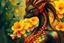 Placeholder: Vibrant abstract expressionism. A beautiful dragon peacock woman with dark brown skin and long hair stands before yellow pink flowers. Fantasy art style. Intricate, swirling patterns of orange and green scales shimmer in the light. Delicate, feathery textures dance across her skin. Dragon beauty. Warm, golden light on vibrant skin, complementary colors, fine details, abstract fauvism, expressive brushstrokes, captivating, stunning, a masterpiece.