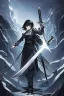 Placeholder: Anime girl with short black hair and sharp green eyes holding a spear, full body black and white metal plate armour, full body shot, Dramatic lighting,1woman, soaked in blood, Warrior, standing pose, sword at the waist