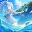 Placeholder: Clear focus, 8k, beautiful lighting, vibrant colors, girl, light blue hair, long hair, white eyes, ponytail, messy hair, water magic,