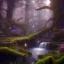 Placeholder: fantasy concept art, dynamic lighting, Intricately detailed, Splash screen art, deep color, Unreal Engine, volumetric lighting, blue flowers, moss, leather, creek, fantasy forest artwork,