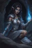 Placeholder: Dnd character on her knees. In a dark cave. A female Moonelf twilight cleric with black, curly, short hair and blue eyes, wearing gray robes. Etheral, muscular, beautiful.