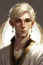 Placeholder: A young half elf man with White-Blonde, short hair, dark black eyes, dressed in white and gold with lots of jewelry, hero