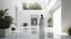 Placeholder: Woman in the foreground dressed in white in a bright white minimalist interior courtyard where the murmur of water whispers and the shadows of some leaves of nearby plants sway