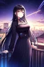 Placeholder: girl, masterpiece, best quality, cinematic lighting, detailed outfit, vibrant colors, perfect eyes long hair, black hair, purple eyes, night sky, starry sky, shooting star, rooftop, town, smile,