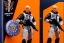 Placeholder: Mike Pence G.I. Joe toy Doll With a gun and Space force uniform inside blister packaging hanging on a Wallrack in toystore, fluorescent orange, wide angle shot whole body, black boots, laser, pricetag, fullsize