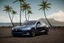 Placeholder: A Tesla 'Model 3' is parked, at the beach of Waikiki in Hawaii. CINEMATIC. WIDE ANGLE LENS. PHOTO REAL.