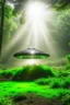 Placeholder: camo ufo on stone pillars in the middle of brazilian jungle, terror from the deep creatures, crashlanding, depth of field, light rays, mist