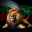 Placeholder: Create A hyper-realistic highly detailed image of a majestic lion lying down, wearing a royal crown. The lion's fur should be rich and textured, with a regal and powerful presence. Behind the lion, the flag of the Republic of Bulgaria waves gracefully, its white, green, and red colors vivid and well-defined. The background should be an elegant, deep black, creating a striking contrast that enhances the grandeur of the lion and the flag. The lighting should be dramatic, with