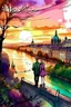 Placeholder: romantic, city panorama vienna with charakterictic architecture, comic style, watercolor, two people, sunset, river, big tree, purple