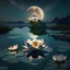 Placeholder: create some magnificent and natural lotus flowers, emerging from a chinese magic lake. The landscape is infinite, with a moon in the horizont