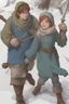 Placeholder: DnD style, two medieval peasant kids playing in the snow, female age 14 and male age 15, happy and playful, he has a short sword.