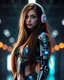 Placeholder: Beautiful woman super model brown long hair science fiction style humanoid half with full body cyborg mechanicals and cybernetics lights wearing headphones,she on standing sweet pose