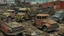 Placeholder: A reddish gray trashed junkyard with broken down construction vehicles painted by Vincent van Gogh