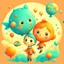 Placeholder: Charming stylized characters. Large heads, big expressive eyes, small, delicate features. Done in the playful and minimalist style of modern children’s book illustration. Diffused outlines, misty, dream-like quality. Colors are warm and subdued illustrating a cheerful demeanor. With a touch of quirkiness. Show me a cute young kid with a balloon in the shape of a big fractal-decoration-covered fish standing on s little planet floating in a sky painted with stars, suns and planets like ones one wo