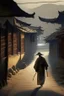 Placeholder: Man walks on road's chinese village with playing light and shadow as ho fan style