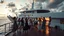 Placeholder: a group of young ladies and young men are dancing to camera on deck of a huge moder ship in oceion ,cloudy sun set sky