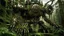 Placeholder: A massive, ornate mechanical creature with intricate gears and pipes, surrounded by a lush, overgrown forest environment with towering trees, vines, and moss-covered rocks