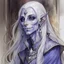 Placeholder: dnd, fantasy, watercolour, large strokes, stylistic, portrait, illustration, dull colours, woman, dark elf, drow, face, narrow long face, cruel face, cold demeanor, purple eyes, piercing eyes, vicious expression, smiling, white hair, very long hair streaming down the shoulders, lush hair, elegant, short small mouth, cruel smile