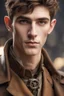 Placeholder: young elf man of twenty years old, with brown eyes, short brown hair, dressed in a steampunk style trench coat.