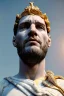 Placeholder: Realistic image, Roman sculpture made in white marble with gold veins, Lionel messi with gold laurel leaves crown, decorative star on the chest, waist up portrait, marble material, gold ornaments, Baroque style, sun rays background, epic, celestial, cinematic lighting, God lights, 4k resolution, smooth details, soft lighting, unreal engine 5, art station, substance 3d.