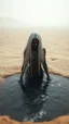 Placeholder: A hyper realistic photo of: Some forgotten realms strong dark skinned draw beautiful girl with long white hair wades into a strongly dark grey colour emitting magically radiating and bubbling color pool in an endless windswept level landscape of only sand and grit. photorealistic, bokeh, masterpiece, smooth shading, ultra detailed, high resolution, cinematic, unreal 6, subtle shadows, octane render, 8k, cinema 4d, HDR, dust effect, vivid colors, thin line draw
