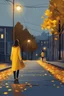 Placeholder: night yellow lights over the street trees autumn leaves under feet ,a Student adult girl with books in her hand walking in street looking to camera a boy who loves her flowing her from distance back