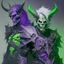 Placeholder: Demonio hombre con armadura verde y negro y casco de calavera posando con un demonio hombre de armadura morada y verde con cabellos blancos