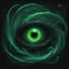 Placeholder: Kraekan Black Hole, a swirl of ebony black and vivid venomous green with tentacles swirling out and floating glowing green eye staring from the abyss, in cinematic graphic art style