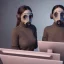 Placeholder: cute girls sitting at the computer in military gas masks. the masks are checkered.