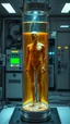 Placeholder: Sleeper in tube cabinet made of glass filled to the top with honey coloured liquid , in a laboratory inside it a human body standing vertically , connected with wires and electrical wires , the human standing in side, a high tech equipment in the background ,4K, cinematic, high resolution