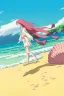 Placeholder: Beach scene a beautiful girl with pink hair, rock, calm water, fish, beautiful colors, fine detail, high quality, seashell, octopus, mystical