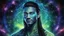 Placeholder: beautiful gorgeous young man na'vi with long hair, Avatar, blue skin, two small ears, green eyes, black hair, in cosmic suit, galactic ambiance, medium pointy goatee , smiling, nebulas and sacred geometry light figures on the backgroud,