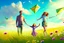 Placeholder: a father, a girl and a boy with a kite flying in the sky on the green field with flowers in sunshine