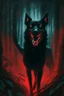 Placeholder: in the style of William Adolphe Bouguereau, a monstrous black hound with red, glowing eyes and sharp teeth, a wicked grin in a dark forest