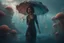 Placeholder: tall slim woman in ragged, torn clothing, in an underwater scene, holding an umbrella made from a jellyfish, detailed matte painting, deep colour, fantastical, intricate detail, complementary colours, fantasy concept art, 8k resolution, Unreal Engine 5